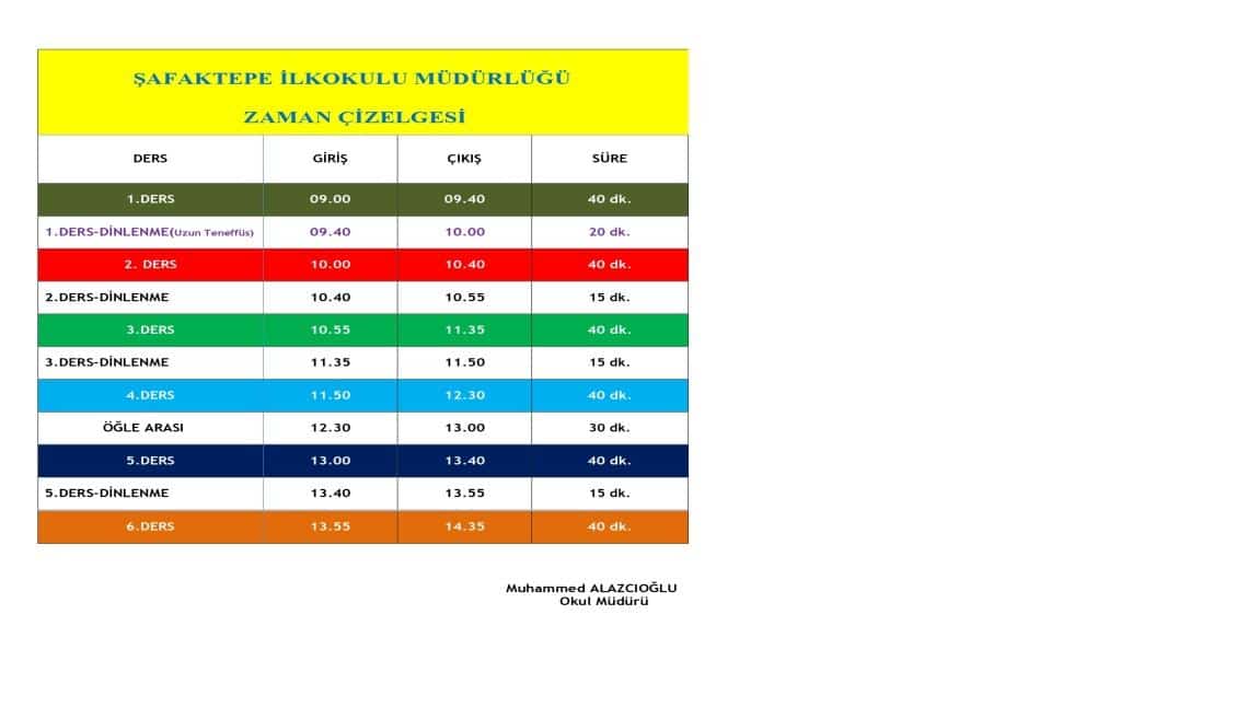 OKULUMUZ ZAMAN ÇİZELGESİ